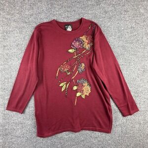 VTG KOOS Of Course! Sweater Womens Medium Red Floral Embroidered Knit Pullover